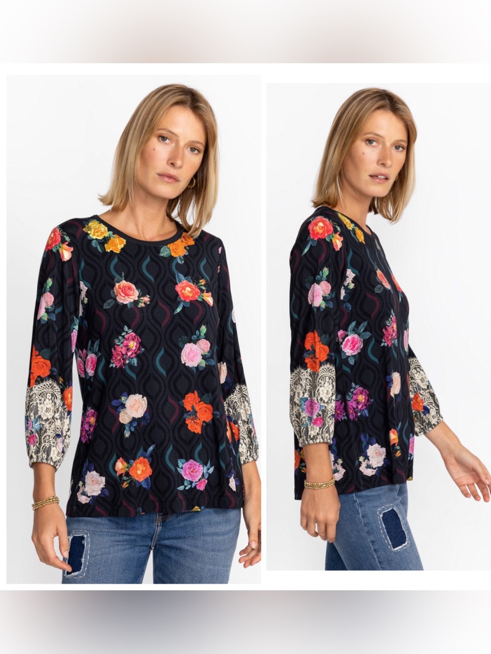 Johnny Was Top Floral Rose Lace Puff Sleeve Black & Pink Long Sleeve Boho Tee